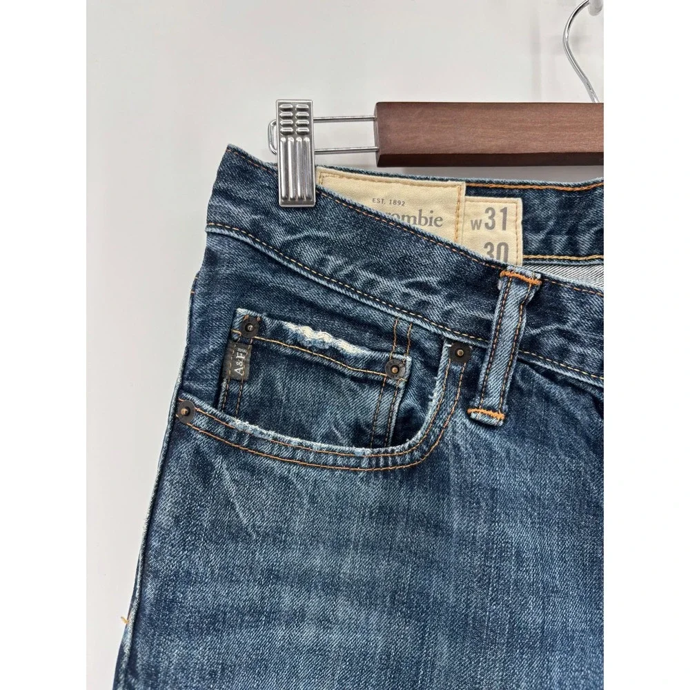 Abercrombie & Fitch Mens Blue Denim Whiskered Straight Leg Jeans 31x30